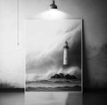 Frame poster mockup in home interior, lonely lighthouse standing proud against the stormy sea AI Generaion