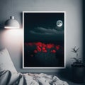 Frame poster mockup in home interior, moonlit sky over a field of poppies AI Generaion