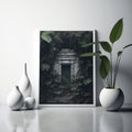 Frame poster mockup in home interior, mystic temple hidden in a dense jungle AI Generaion