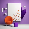 Frame poster mockup in home interior, orange feathers and purple circles, red pebbles and purple cubes AI Generaion