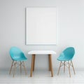 Frame poster mockup in home interior, wooden table and blue chairs AI Generaion Royalty Free Stock Photo