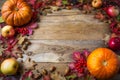 Frame of pumpkins, apples, acorns, berries and fall leaves on wooden background Royalty Free Stock Photo