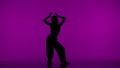 In the frame on the purple background in the silhouette. Dances slender, beautiful girl. Demonstrates dance moves in the