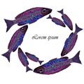 Frame with purple vector fishes. School of fish