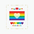 Frame rainbow pride flag with white heart center piece and colorful hearts emblems decoration