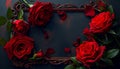 Frame with red flower copy space red roses on dark textured grange background. Royalty Free Stock Photo