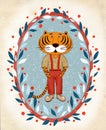 frame is red oval with an illustration of leaves and berries with an orange tiger in red trousers, beige shirt and boots