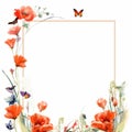 a frame with red poppies and butterflies on a white background Royalty Free Stock Photo