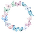 Frame, ring, wreath with butterflies isolated on white background. Watercolor Royalty Free Stock Photo