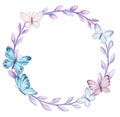 Frame, ring, wreath with butterflies isolated on white background. Watercolor. Royalty Free Stock Photo