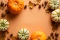 Frame of ripe pumpkins, dry oak leaves, acorns, pine cones on orange background. Thanksgiving day banner mockup Royalty Free Stock Photo