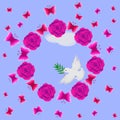 a frame of roses and flying butterflies. In the middle is a white cloud and a dove with an olive branch Royalty Free Stock Photo