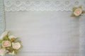 Frame of roses and lace ribbons on a light blue fabric texture background