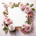 Frame of roses, set of roses and flowers floral wreath or picture invitation greeting card mockup