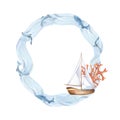 Frame of sailing ship, sea wave watercolor illustration isolated on white. Sailboat, vessel, fish, coral, seaweeds hand