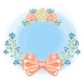 Frame with satin bow and flowers. Round frame with red, pink roses. Vintage background, digital draw illustration Royalty Free Stock Photo