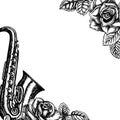 Frame with saxophone and roses, graphic vector black and white illustration. For posters, flyers and invitation cards Royalty Free Stock Photo