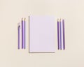 Frame with school stationery violet color. Back to school concept, notebook, note, pen, paper clips on pastel beige Royalty Free Stock Photo