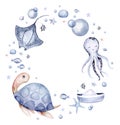 Frame of sea animals. Blue watercolor ocean fish wreath, turtle, whale and coral. Shell aquarium mermaid submarine. Nautical Royalty Free Stock Photo