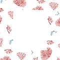 Frame of sea plants, coral watercolor isolated on white background. Pink agar agar seaweed and fish hand drawn. Design