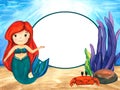 Frame. Seascape, stones, cute mermaid, crab and violet seaweed. Seabed ocean, underwater landscape background with