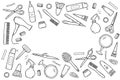 Frame of a set of hairdressing tools, vector illustration doodle scissors, razor, hair dryer, curling iron, curler, comb, brush,
