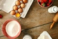 Frame set ingredients cooking strawberry pie cake wooden background Eggs flour milk sugar strawberry top view Bakery background R