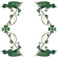 Frame of shamrock clover sprigs with vintage Irish green flag. Decoration for St. Patrick's Day. Isolated watercolor