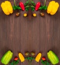 Frame shape, flat lay with colorful vegetables and copy space. Fresh bell peppers, cherry tomatoes and parsley Royalty Free Stock Photo