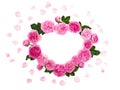 Frame in the shape heart of pink roses shrub rose and petals on a white background with space for text. Top view. Flat lay. Royalty Free Stock Photo