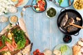 Frame of shrimp, fish grilled, salad, snacks and lager beer Royalty Free Stock Photo