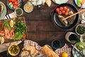 Frame of shrimp, fish grilled, salad, snacks and white wine