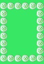 Frame of Smiling Face Coconut Flakes Jelly Donuts on Green Background with Copy Space