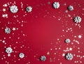 Frame of snow painted pine cones and stars on red background Royalty Free Stock Photo