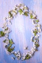 Frame of Spring Flowers on the background of old vintage blue board Royalty Free Stock Photo