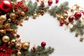 frame of spruce, red, gold christmas decorations on white background Royalty Free Stock Photo