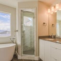 Frame Square Modern bathroom interior with double sink vanity glass door shower and bathtub Royalty Free Stock Photo