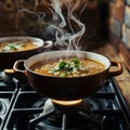 Frame Steaming hot soup simmers on cast iron stove burner photo Royalty Free Stock Photo