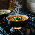 Frame Steaming hot soup simmers on cast iron stove burner photo Royalty Free Stock Photo