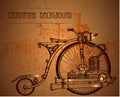 Frame steampunk background with bike and medieval castle Royalty Free Stock Photo