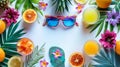 Vibrant summer flat lay showcasing poolside essentials, exotic fruits, and floral accents Royalty Free Stock Photo