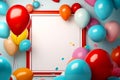 Frame surrounded by balloons and confetti on white background with red border. Generative AI Royalty Free Stock Photo