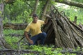 A-frame survival shelter in wooded forest