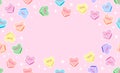 Frame with sweet heart candy. Sweetheart candies background, conversation sweets for valentines day, valentine sugar food hearts. Royalty Free Stock Photo