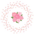 A frame of swirling flying rose petals with a bouquet of bride of six roses in the center. Whirlwind wedding background