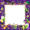 Frame Template with Golden Carnival Masks on Black Background. Glittering Celebration Festive Border. Vector Royalty Free Stock Photo