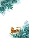 Frame template with watercolor tropical leaves on corners and a tiger. Exotic hand painted illustration isolated on white Royalty Free Stock Photo