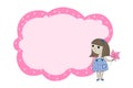 Frame for text with a cartoon girl. Children`s frame for text. Banner for children`s clothing store. Banner template for kids. Royalty Free Stock Photo