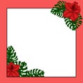 Frame for text from exotic, green leaves of Monstera and Azalea red flowers. Idea for poster, postcard, flyer. Tropical leaves