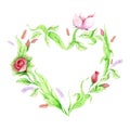 Frame for text in heart shapes made of drawn floral elements with green stems, rosebuds and a butterfly on a white background. Royalty Free Stock Photo